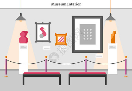 博物馆内部矢量图有抽象杰作和艺术的现代展览室装饰雕塑绘画和帆布图片