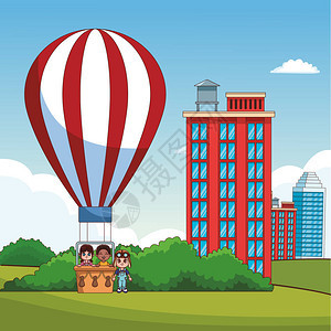 儿童在公园卡通漫画中热气球上玩热空气球图片