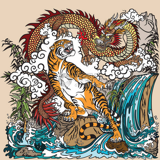 龙和老虎在风景与岩石植物和云彩佛教中代表精神天地的两种灵生物图图片
