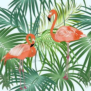 热带植物无缝结构粉红色火烈鸟和棕榈树的热带图片