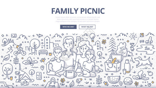 一个家庭在城市公园野餐的涂鸦矢量图网页横幅英雄图像印刷材料的户外餐图片