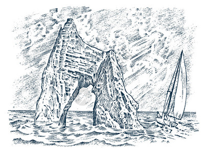 海中的岩石复古风景帆船在海洋中的石山加洲的金门大桥Koktebel在克里米亚雕刻手绘旧素描海报或图片
