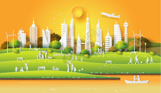 生态友好和拯救和世界环境日的概念与人们在城市公园时间纸艺和数字工背景图片