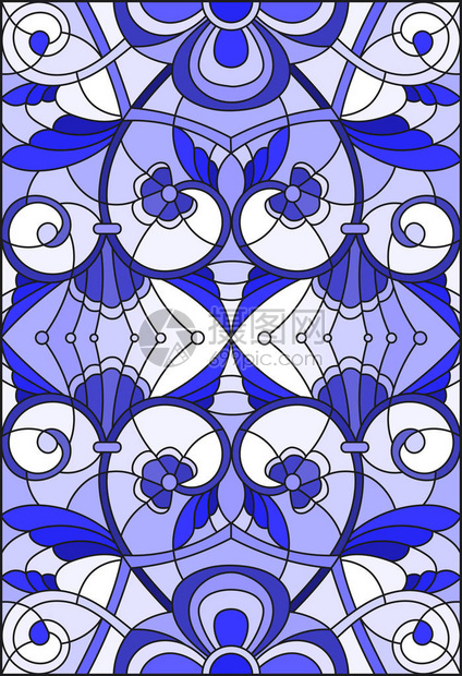 使用抽象的斜纹花和浅背景叶子垂直方向蓝色的彩色玻璃样式说明图片