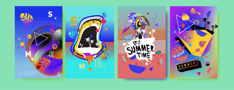 多彩的夏季海报集热带夏季设计模板和封面夏季插图片