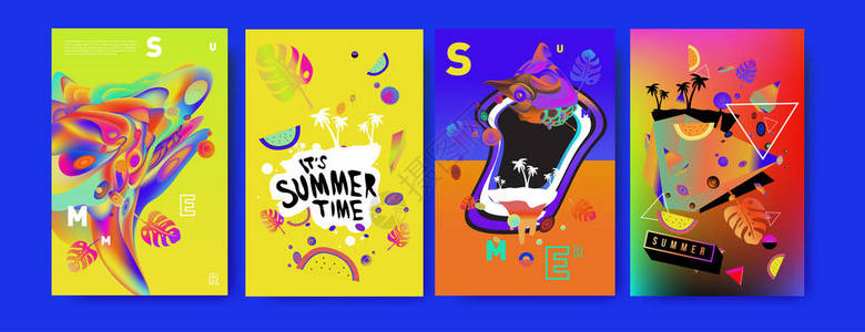 毕业季封面多彩的夏季海报集热带夏季设计模板和封面夏季插插画