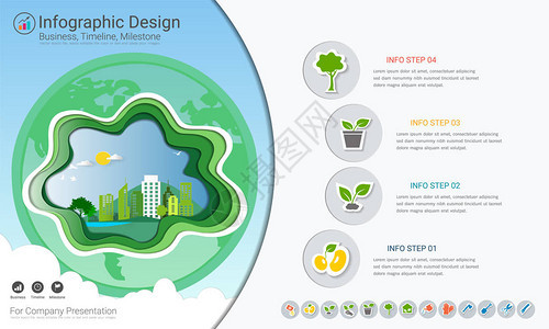 带有图标集的植物生长时间线图表拯救世界并走向绿色概念或绿色业务图模板图片
