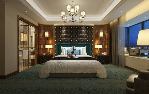 豪华酒店房间的3d渲染图片