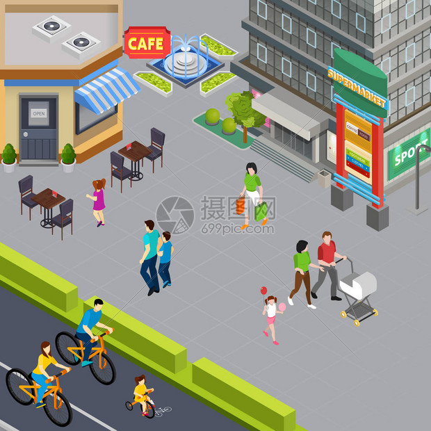 在市中心行人街道上步行路面等量矢插图中插画图片下载-正版图片402355575-摄图网