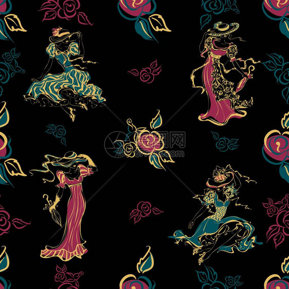 无缝模式复古女孩穿着复古服装和帽子的漂亮女士玫瑰花束花卉复古风格织物和包装纸的设计turquoise图片
