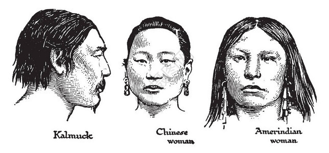 Kalmucks人和美洲印第安人在早期种族发展古老的线条绘制或雕刻图解方面与蒙图片