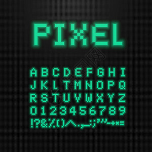 旧电脑LED显示屏上的像素字体矢量字母数字和标志8位视频游戏字体复古数字abc黑色背景图片