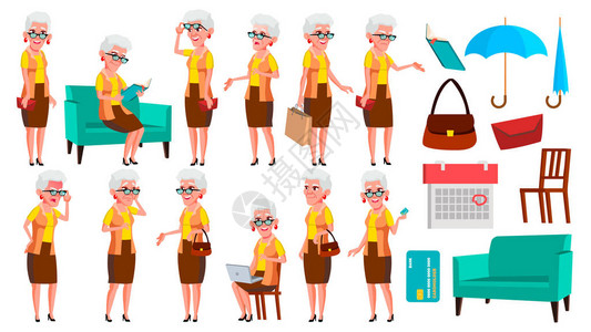 老妇人姿势设置向量老年人资深人士老化可爱的退休人员活动广告问候语公告设计图片