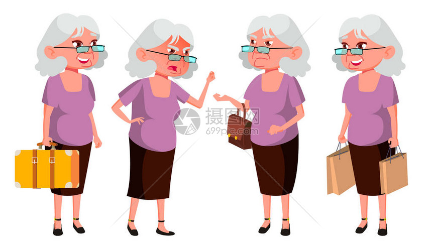 老妇人姿势设置向量老年人资深人士老化友好的祖父母网页海报小册子设计孤图片