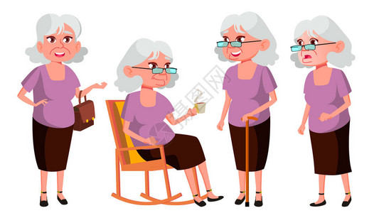 老妇人姿势设置向量老年人资深人士老化活跃的祖父母喜悦网页小册子海报设计图片