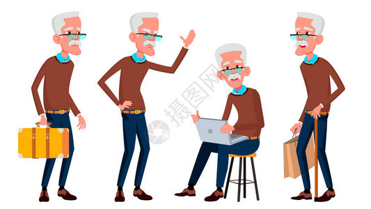 老人姿势设置向量老年人资深人士老化有趣的养老金领取者闲暇明信片公告封面设计图片