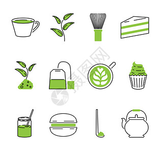 抹茶矢量轮廓图标集合传统健康饮品用于仪式蛋糕或茶包的绿叶粉亚洲食图片