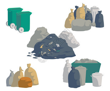 垃圾集袋子罐头垃圾箱容器和一堆垃圾白色背景上的孤立对象垃圾回收利用图片