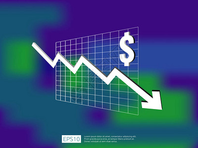 美元的钱跌落符号与模糊背景箭头减少经济伸展上升下降商业损失危机减少说明成本图片