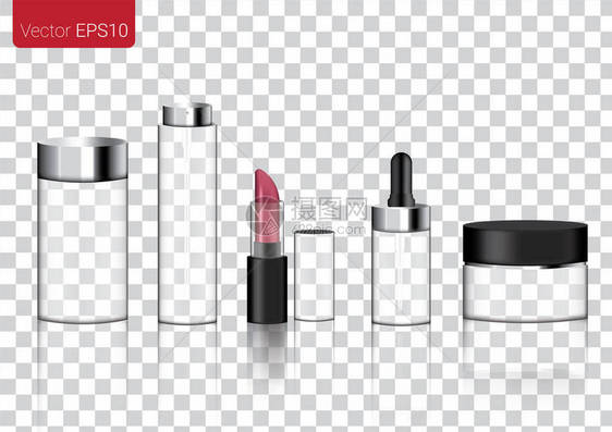 为化妆品瓶喷雾唇膏和滴管或白背景上的孤立配方装饰而制造现实的玻璃透明包装产品或P图片