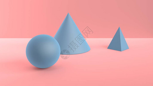 几何形状的抽象场景球锥和金字塔蓝色3D场景中的柔和环境光图片