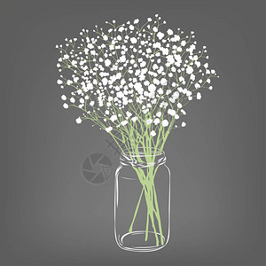 白花束吉普西拉花束透明清晰的玻璃罐灰色背图片