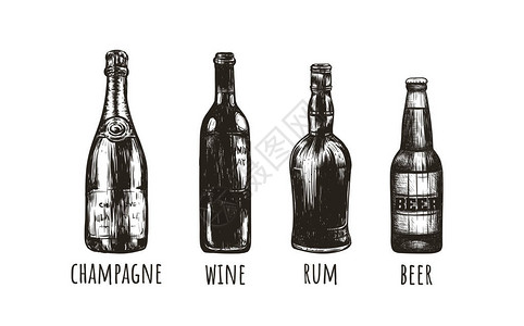 朗姆酒啤酒香槟酒瓶素描图瓶酒吧矢量图图片
