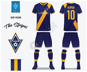 足球俱乐部的足球衣或足球套件模板蓝色和黄色条纹足球衫搭配袜子和蓝色短裤模拟正面和背面视图足球制服足球标志图片