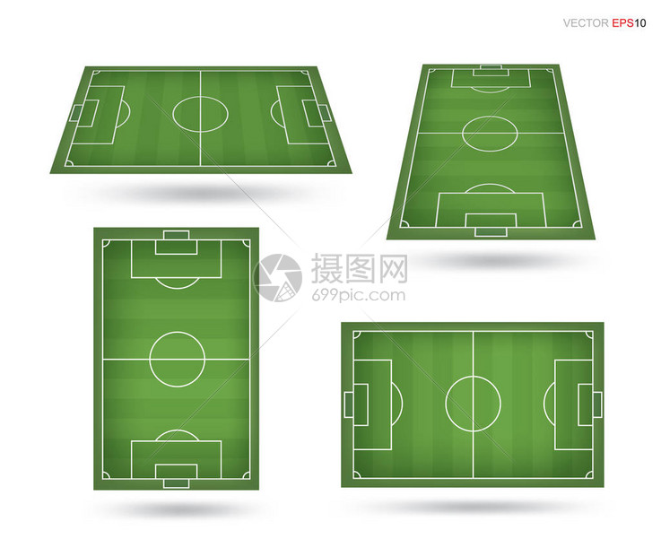一组足球场或足球场在白色背景上透视元图片