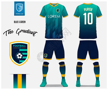足球俱乐部的足球衣或足球套件模板蓝色和绿色渐变足球衫搭配袜子和蓝色短裤模拟正面和背面视图足球制服足球标志图片