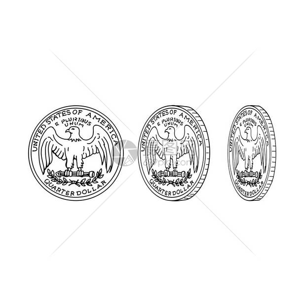 绘制草图样式插图显示美国四分之一美元或美国硬币在孤立背景上在其头部旋转或翻转图片