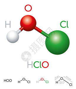 盐酸次氯酸分子模型化学式球棒模型几何结构和结构式弱酸和消毒剂白色背景上图片