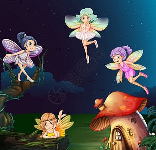 晚上蘑菇屋里的仙女插画背景图片