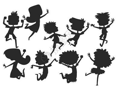 不同位置的快乐儿童大矢量跳跃快乐儿童剪影组和有趣的卡通儿童快乐团队笑小人喜欢生图片