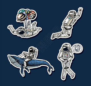 太空贴纸中的宇航员集收集飙升的太空人鲸鱼和气球舞者音乐家在银河系的冒险无家可归的旅行者雕刻图片