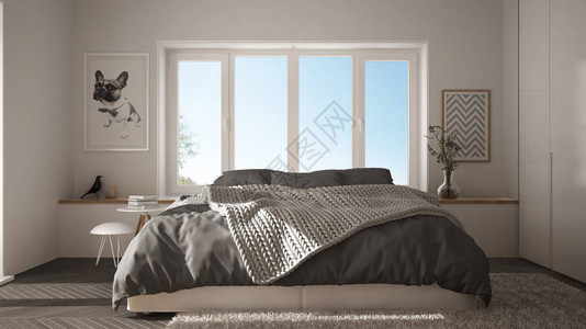 斯堪的纳维亚白色和灰色最小卧室图片