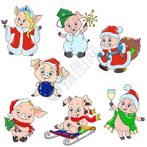 一组可爱的新年人物圣诞人物贺卡的小猪卡通用于设图片