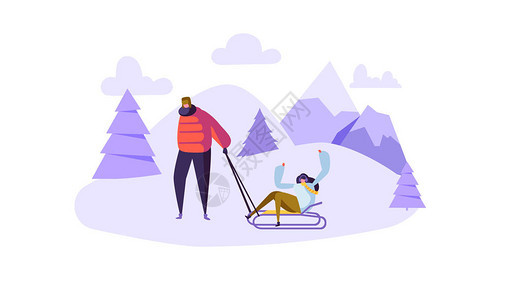 冬季活动中快乐的情侣角色男人和女人在雪山上滑雪寒假的图片