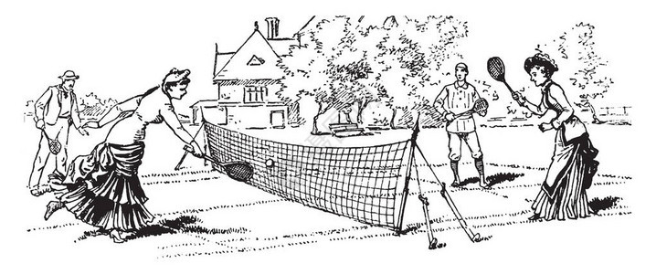 人们在开放区享受混合的双网球游戏古老的线条绘背景图片