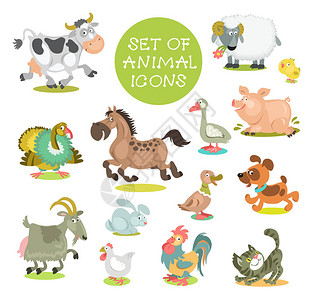 收集可爱的漫画动物一套图标宠物手画白图片