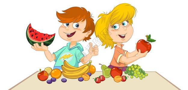 带水果的卡通儿童在桌子上的图片