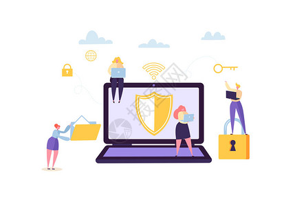 数据保护隐私概念具有使用计算机和移动小工具的字符的机密和安全的Internet技术网络图片