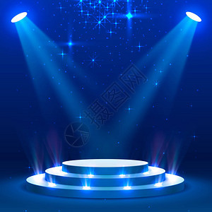 配有照明的舞台讲配有蓝色背景奖颁仪式的Podium现图片