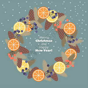冷杉树枝锥体水果和浆果的圣诞花环矢量圣诞贺卡图片