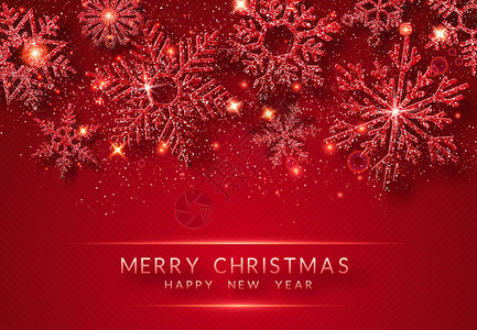 圣诞背景与闪亮的雪花和雪红色背景上的圣诞快乐矢量卡片插图闪发光的雪花背景图片