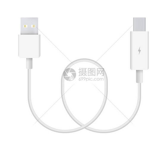 USB到Thunderbolt2电缆的逼真矢量插图用于连接和充电手机移动设备计算机电视平板电脑和游戏机的图片