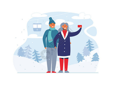 滑雪胜地的寒假人们幸福的情侣角色用智能手机自拍卡通男人和女人在雪图片