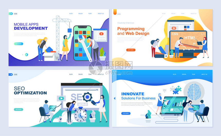 用于Web开发SEO移动应用程序业务解决方案的登录页面模板集现代矢量插图平面概念装饰了网站和移动网站开图片