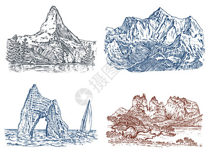 山峰复古的珠穆朗玛峰和马特洪峰古老的手绘素描或雕刻风格图片