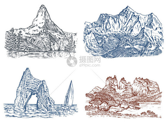 山峰复古的珠穆朗玛峰和马特洪峰古老的手绘素描或雕刻风格图片